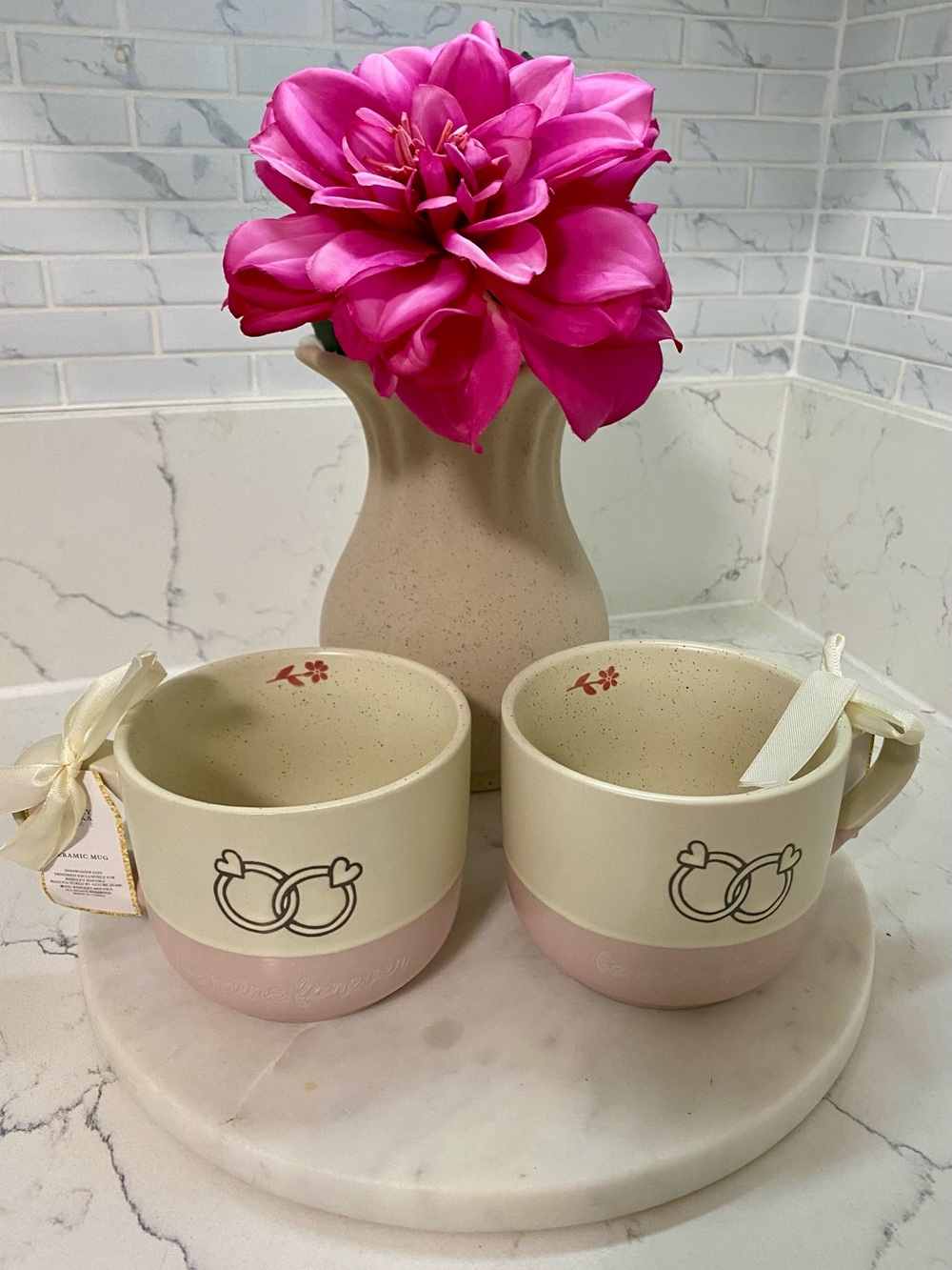 Badgley Mischka Cream and Pink Ceramic Mug Pair with Intertwined Ring Motif